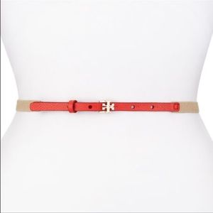 Tory Burch Leather & Stretch Canvas Skinny Belt